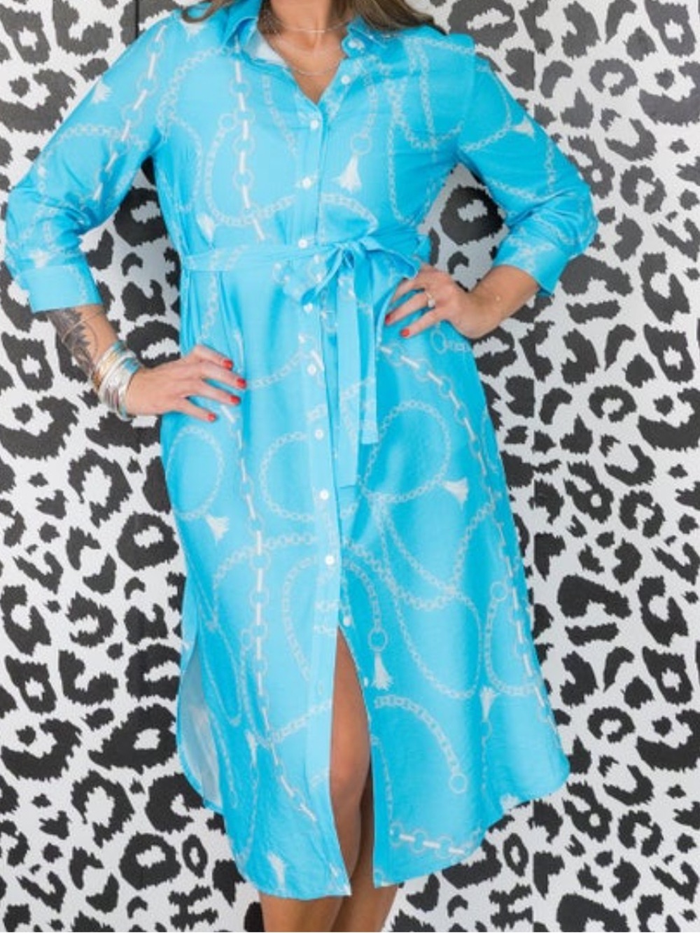 NWT Turquoise Chain-Print Shirt Dress with Tie Waist